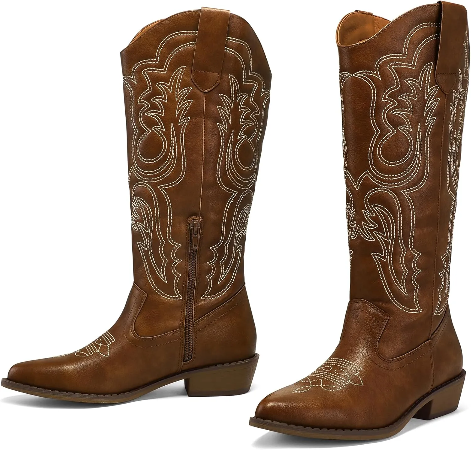 mysoft Women's Cowboy Boots Mid Calf Cowgirl Embroidered Western Pointed Toe Chunky Heel Pull On Knee High Boots