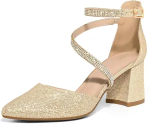 mysoft Women's Pumps Low Chunky Block Heels Pointed Toe Ankle Strap Across Instep Strap Party Wedding Dress Shoes