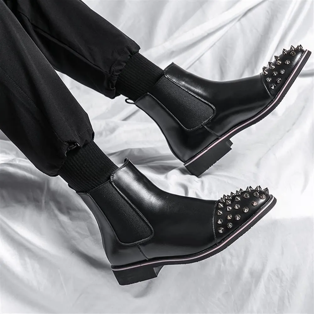 New Ankle Boots For Men Round Rivet Toe Leather Non Slip Anti-slip Waterproof Slip On Wearable Fashion Dress