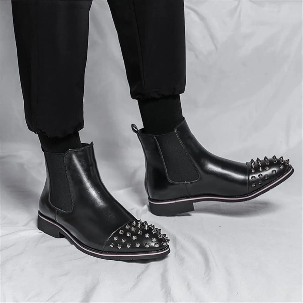 New Ankle Boots For Men Round Rivet Toe Leather Non Slip Anti-slip Waterproof Slip On Wearable Fashion Dress