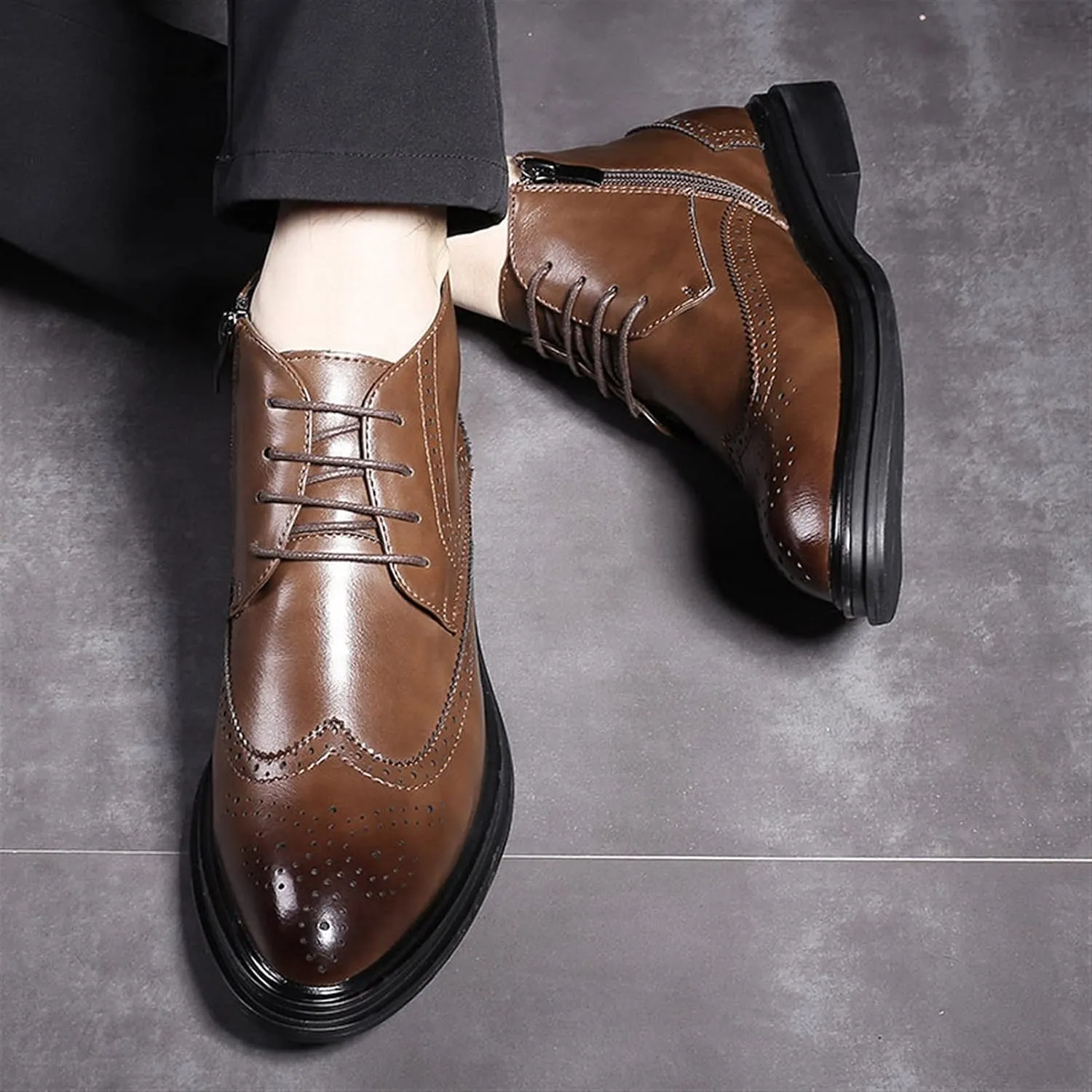 New Ankle Boots For Men Slip Resistant Block Heel Waterproof Derby Carved Brogue Wing Tip Burnished Toe Size Zip PU Casual Dress Formal