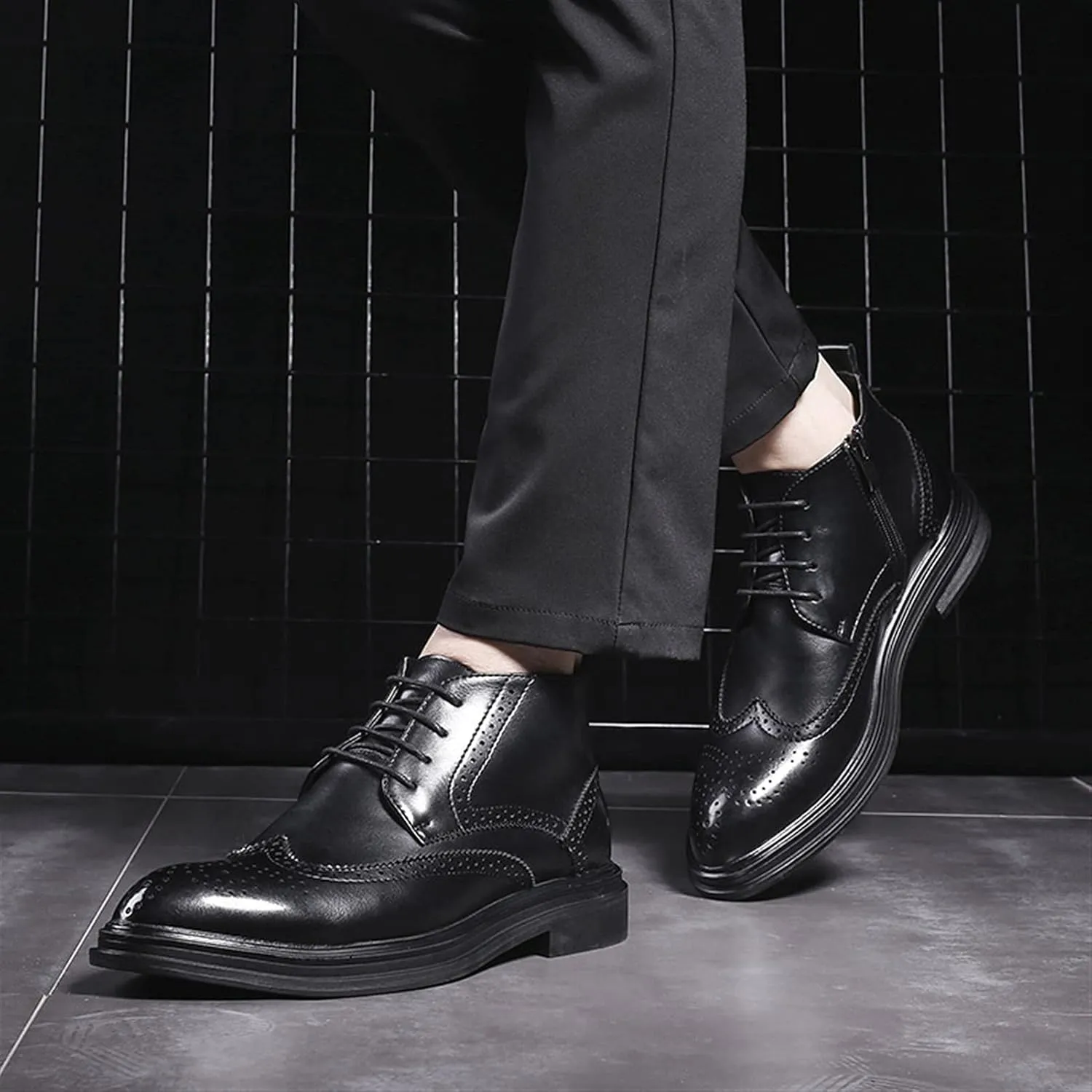 New Ankle Boots For Men Slip Resistant Block Heel Waterproof Derby Carved Brogue Wing Tip Burnished Toe Size Zip PU Casual Dress Formal