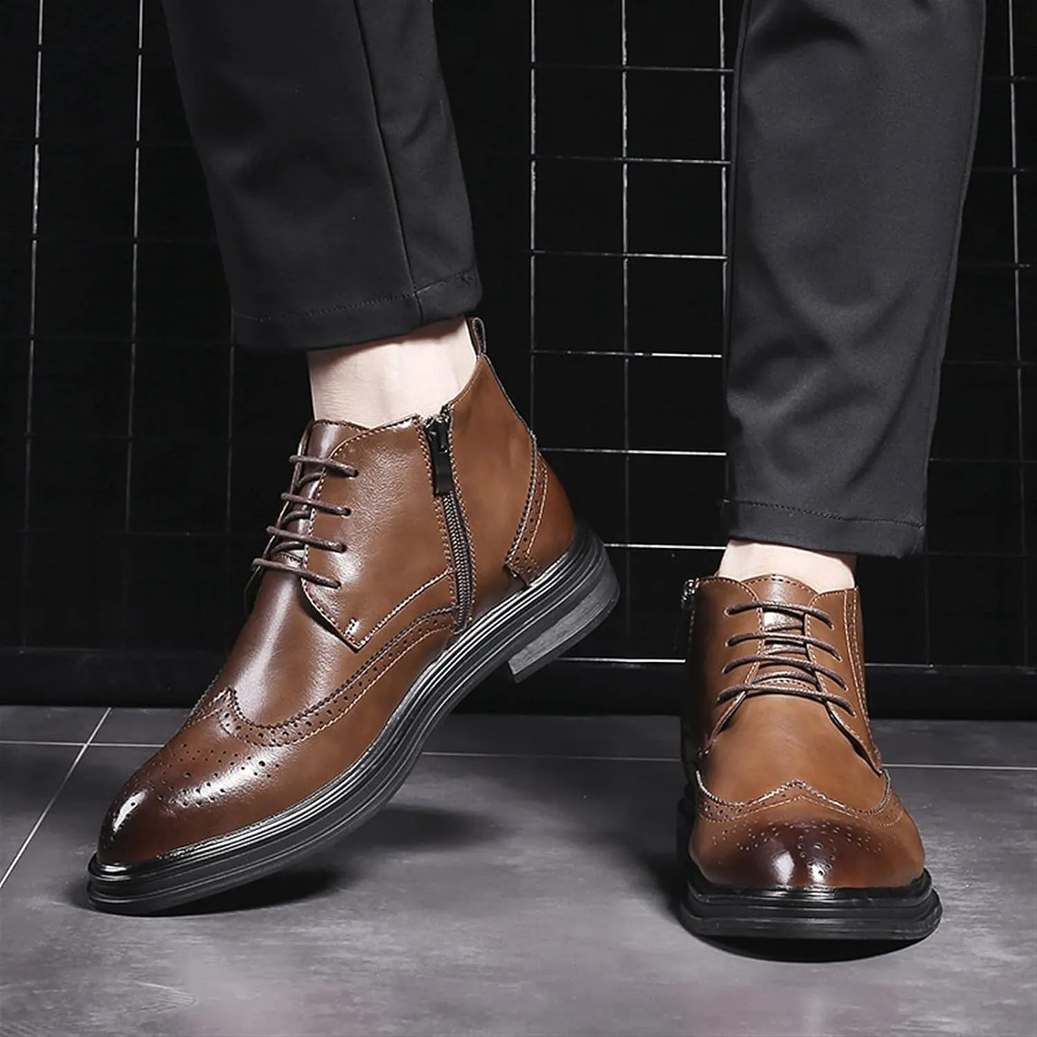 New Ankle Boots For Men Slip Resistant Block Heel Waterproof Derby Carved Brogue Wing Tip Burnished Toe Size Zip PU Casual Dress Formal