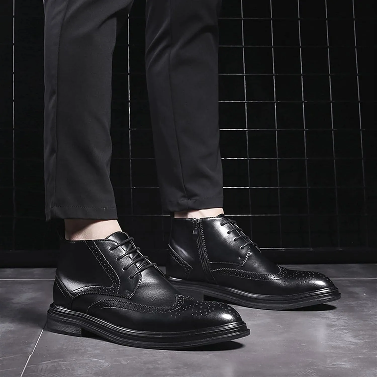 New Ankle Boots For Men Slip Resistant Block Heel Waterproof Derby Carved Brogue Wing Tip Burnished Toe Size Zip PU Casual Dress Formal