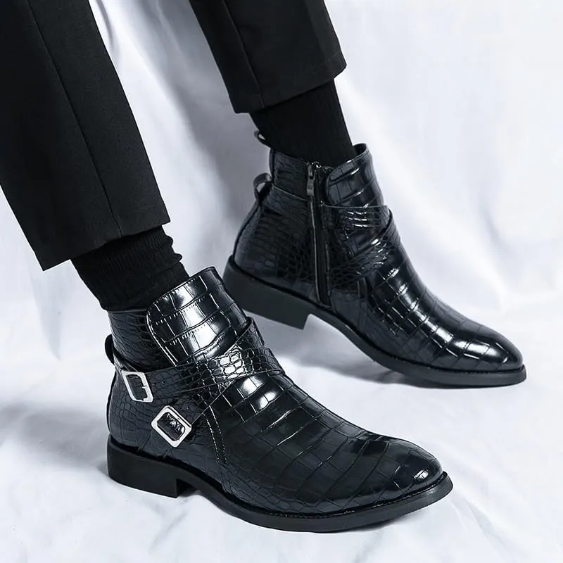 New Ankle Boots For Men Waterproof Wearable Block Pattern PU Leather with Side Zipper Double Monk Strap Work Formal Dress