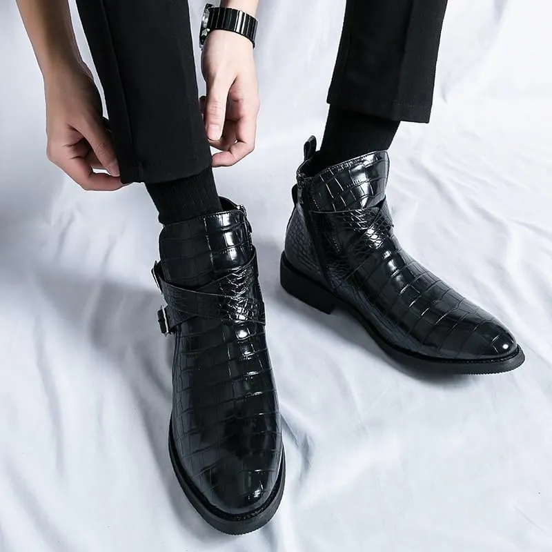 New Ankle Boots For Men Waterproof Wearable Block Pattern PU Leather with Side Zipper Double Monk Strap Work Formal Dress