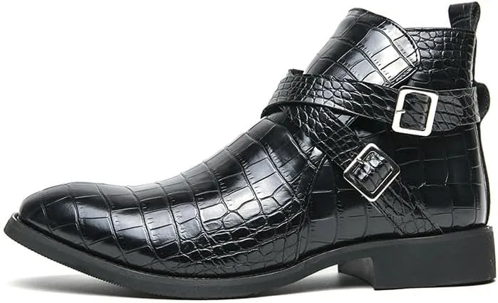 New Ankle Boots For Men Waterproof Wearable Block Pattern PU Leather with Side Zipper Double Monk Strap Work Formal Dress
