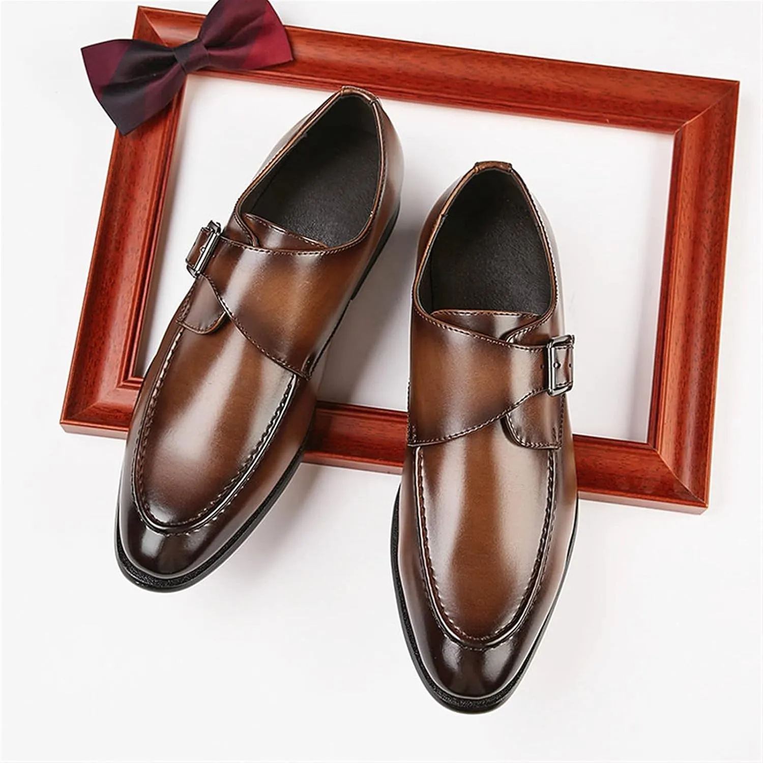 New Dress Oxford for Men Slip On Monk Strap Apron Toe Burnished Toe Vegan Leather Block Heel Rubber Sole Anti-Slip Slip Resistant Low Top Casual
