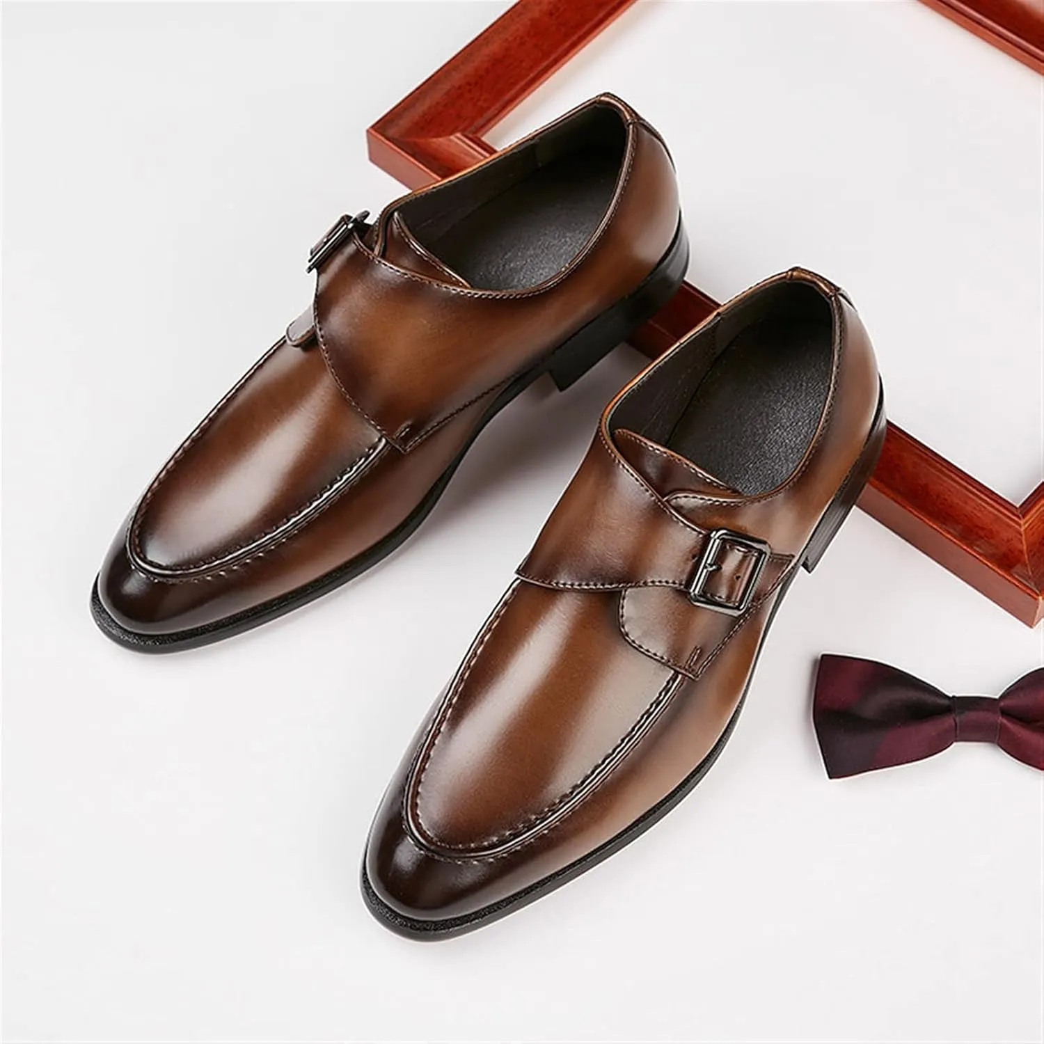 New Dress Oxford for Men Slip On Monk Strap Apron Toe Burnished Toe Vegan Leather Block Heel Rubber Sole Anti-Slip Slip Resistant Low Top Casual