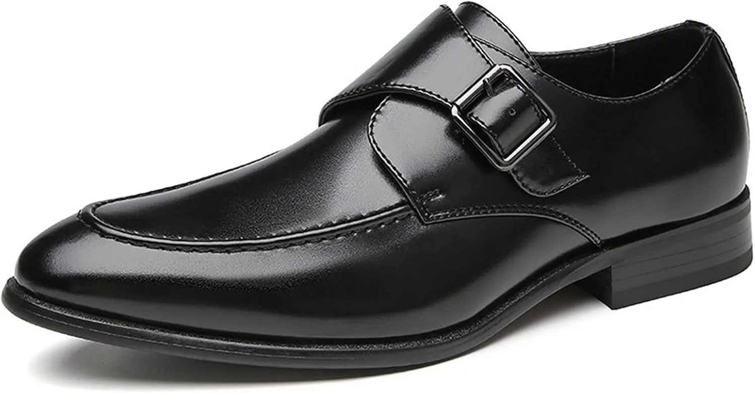 New Dress Oxford for Men Slip On Monk Strap Apron Toe Burnished Toe Vegan Leather Block Heel Rubber Sole Anti-Slip Slip Resistant Low Top Casual