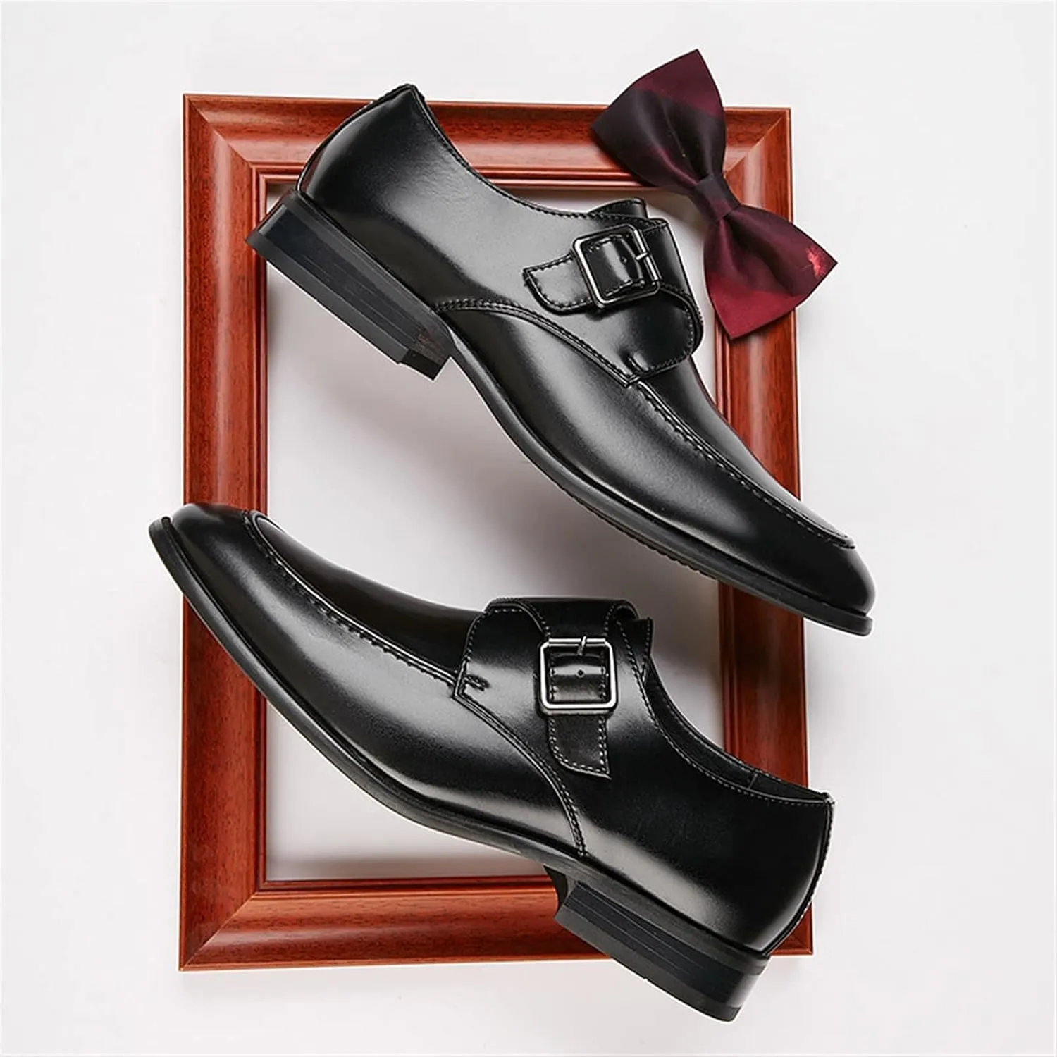 New Dress Oxford for Men Slip On Monk Strap Apron Toe Burnished Toe Vegan Leather Block Heel Rubber Sole Anti-Slip Slip Resistant Low Top Casual
