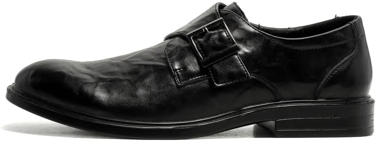 New Dress Oxford for Men Slip On Pointed Toe Vegan Leather Solid Color Monk Strap Slip Resistant Low Top Rubber Sole Non Slip Block Heel Working