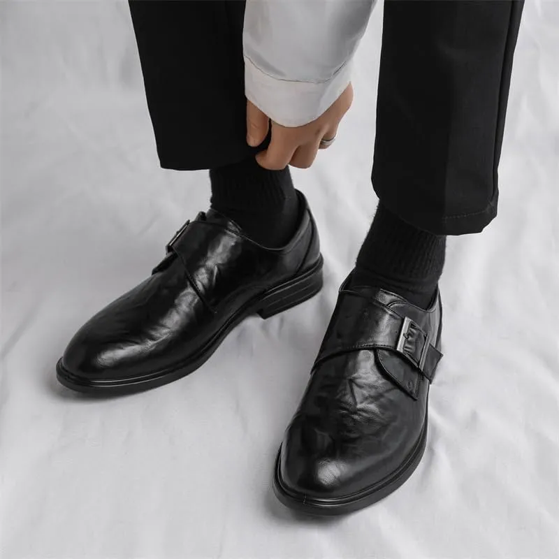 New Dress Oxford for Men Slip On Pointed Toe Vegan Leather Solid Color Monk Strap Slip Resistant Low Top Rubber Sole Non Slip Block Heel Working