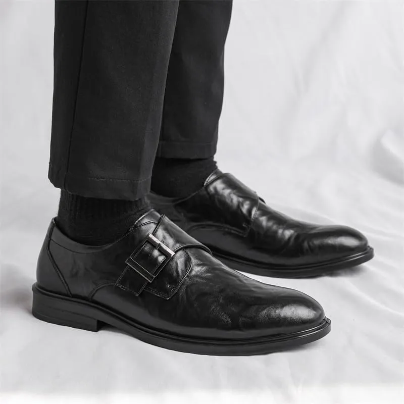 New Dress Oxford for Men Slip On Pointed Toe Vegan Leather Solid Color Monk Strap Slip Resistant Low Top Rubber Sole Non Slip Block Heel Working
