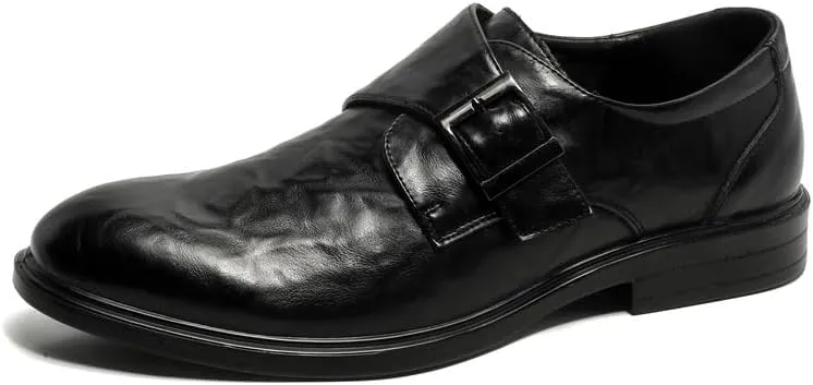New Dress Oxford for Men Slip On Pointed Toe Vegan Leather Solid Color Monk Strap Slip Resistant Low Top Rubber Sole Non Slip Block Heel Working