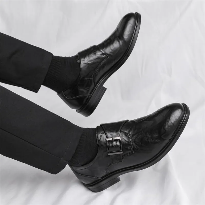 New Dress Oxford for Men Slip On Pointed Toe Vegan Leather Solid Color Monk Strap Slip Resistant Low Top Rubber Sole Non Slip Block Heel Working