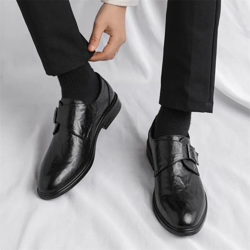 New Dress Oxford for Men Slip On Pointed Toe Vegan Leather Solid Color Monk Strap Slip Resistant Low Top Rubber Sole Non Slip Block Heel Working