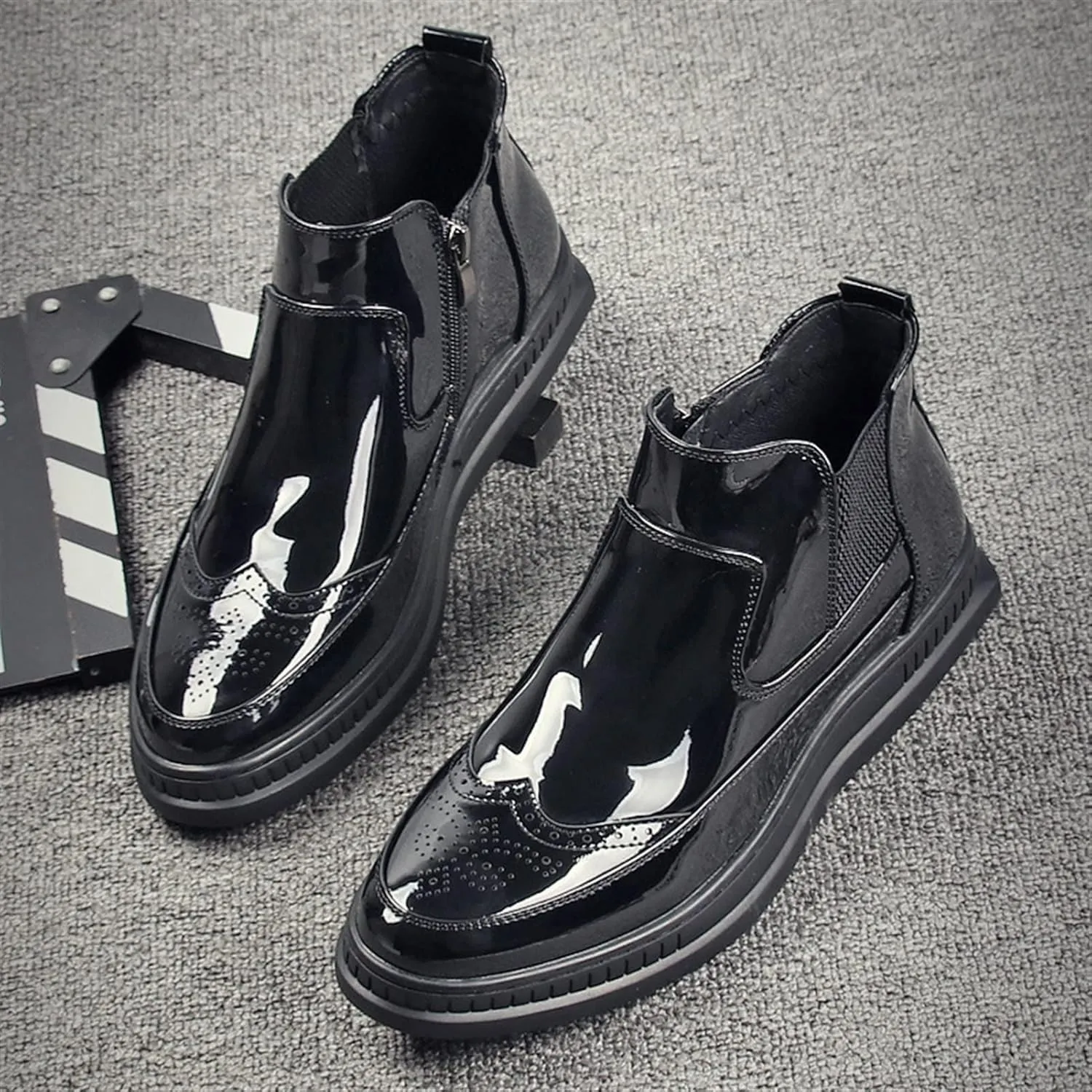 New Mens Chelsea Boot Moc Toe Carved Brogue Win Tip Elastic Bandage With Zipper Vegan Leather Anti-slip Non Slip Waterproof Formal Dress Pull On