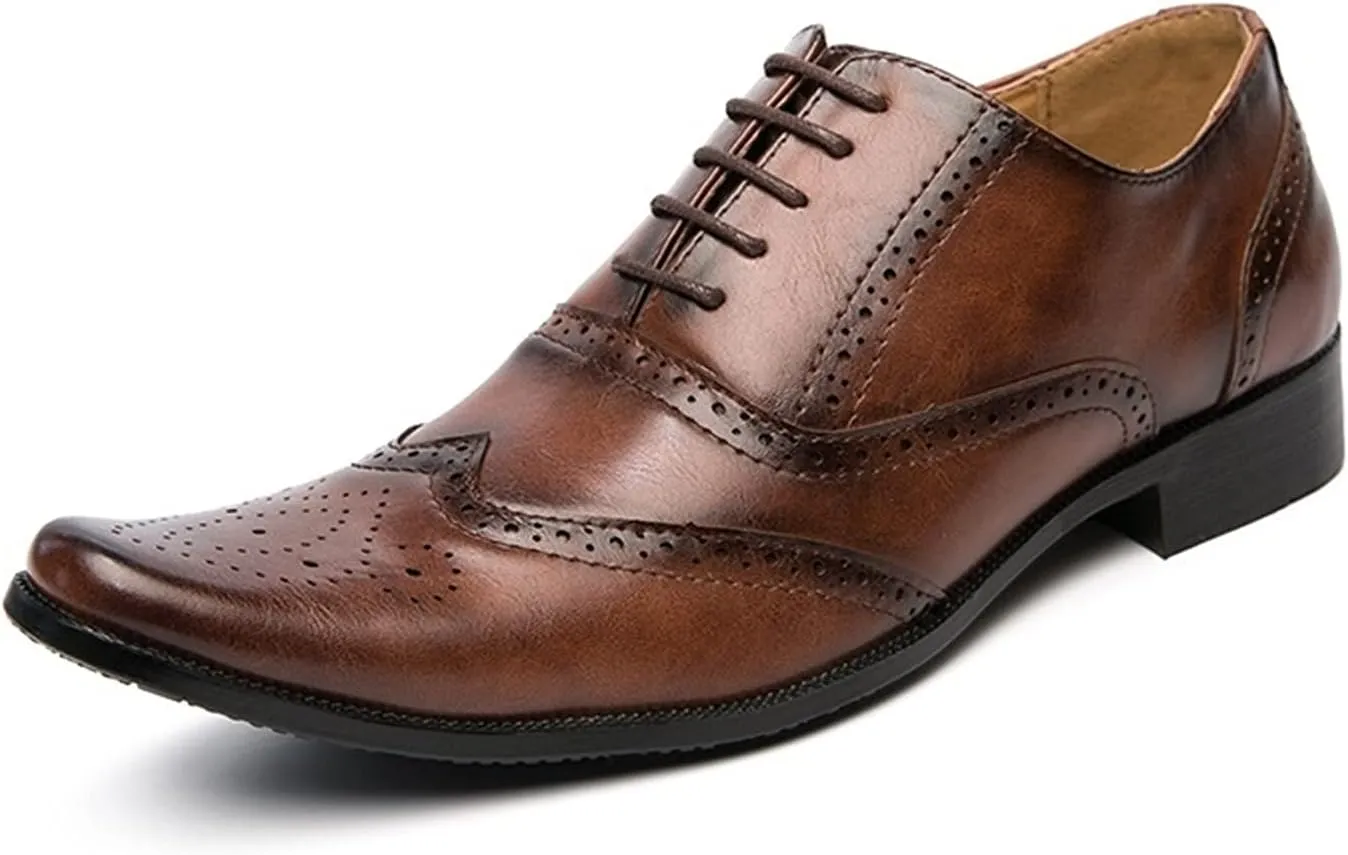 Oxford Dress Shoes for Men Lace Up Brogue Embossed Wing Tip Plain Burnished Toe Vegan Leather Rubber Sole Block Heel Non Slip Business