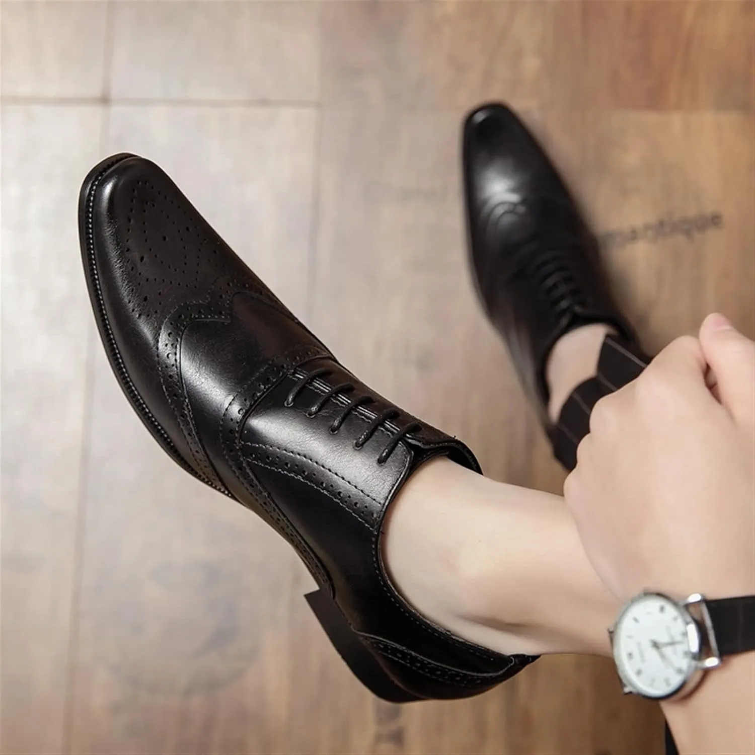 Oxford Dress Shoes for Men Lace Up Brogue Embossed Wing Tip Plain Burnished Toe Vegan Leather Rubber Sole Block Heel Non Slip Business