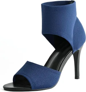 Peep Toe Heels for Women Sexy 3 Inches Stiletto Heeled Sandals for Women Open Toe Wide Stretchy Knit Heel Sandal Booties Slip On Comfortable Dressy Shoes for Prom, Party and Work