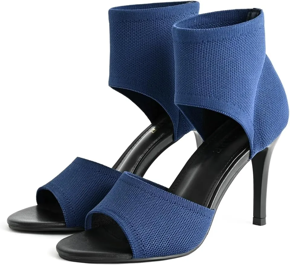 Peep Toe Heels for Women Sexy 3 Inches Stiletto Heeled Sandals for Women Open Toe Wide Stretchy Knit Heel Sandal Booties Slip On Comfortable Dressy Shoes for Prom, Party and Work