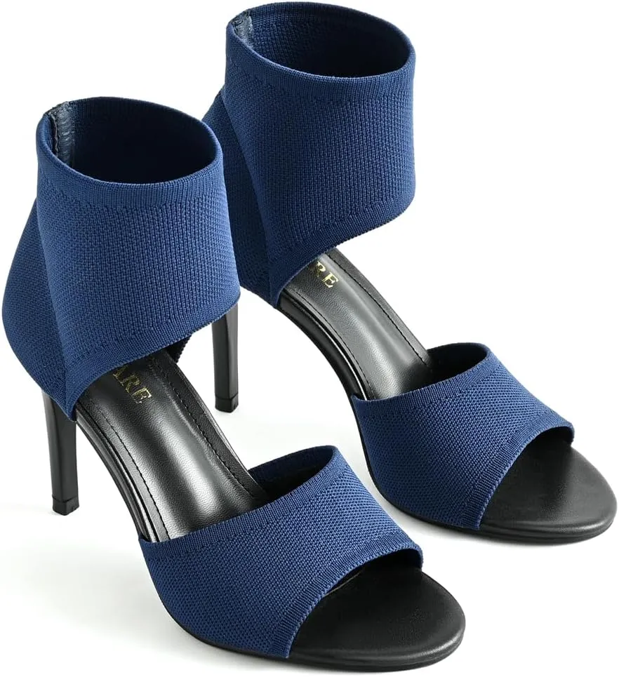 Peep Toe Heels for Women Sexy 3 Inches Stiletto Heeled Sandals for Women Open Toe Wide Stretchy Knit Heel Sandal Booties Slip On Comfortable Dressy Shoes for Prom, Party and Work