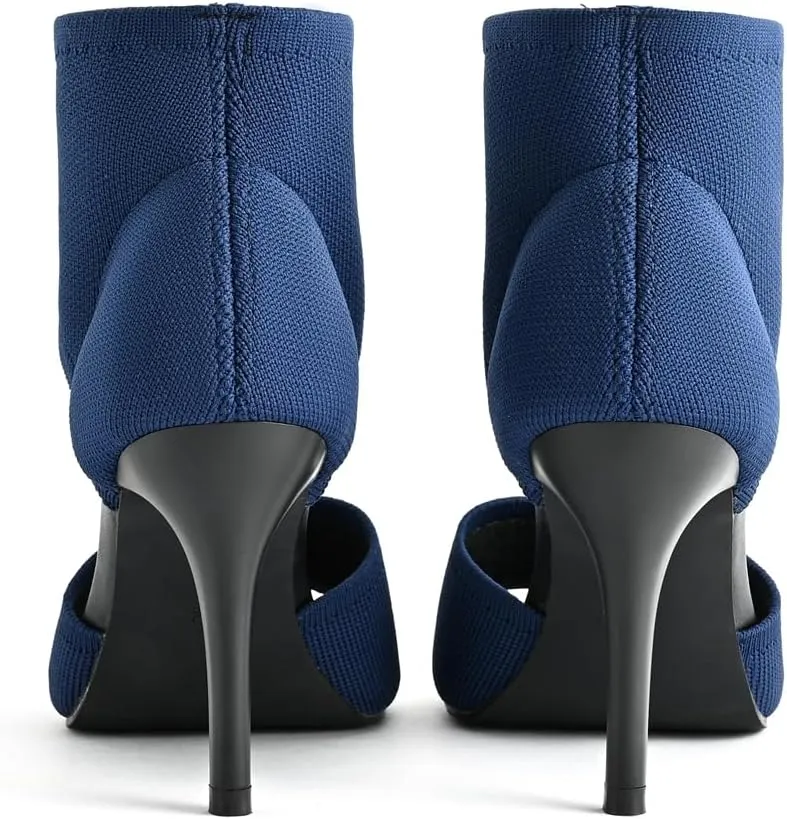 Peep Toe Heels for Women Sexy 3 Inches Stiletto Heeled Sandals for Women Open Toe Wide Stretchy Knit Heel Sandal Booties Slip On Comfortable Dressy Shoes for Prom, Party and Work