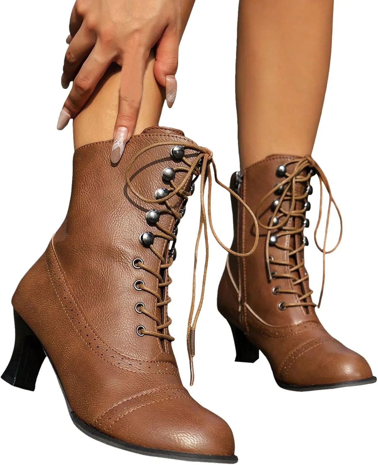 Pirate Boots Women Victorian Mid Calf Renaissance Witch Costume Shoes Chunky Heel Halloween Gothic Punk Lace Up Dress Boots