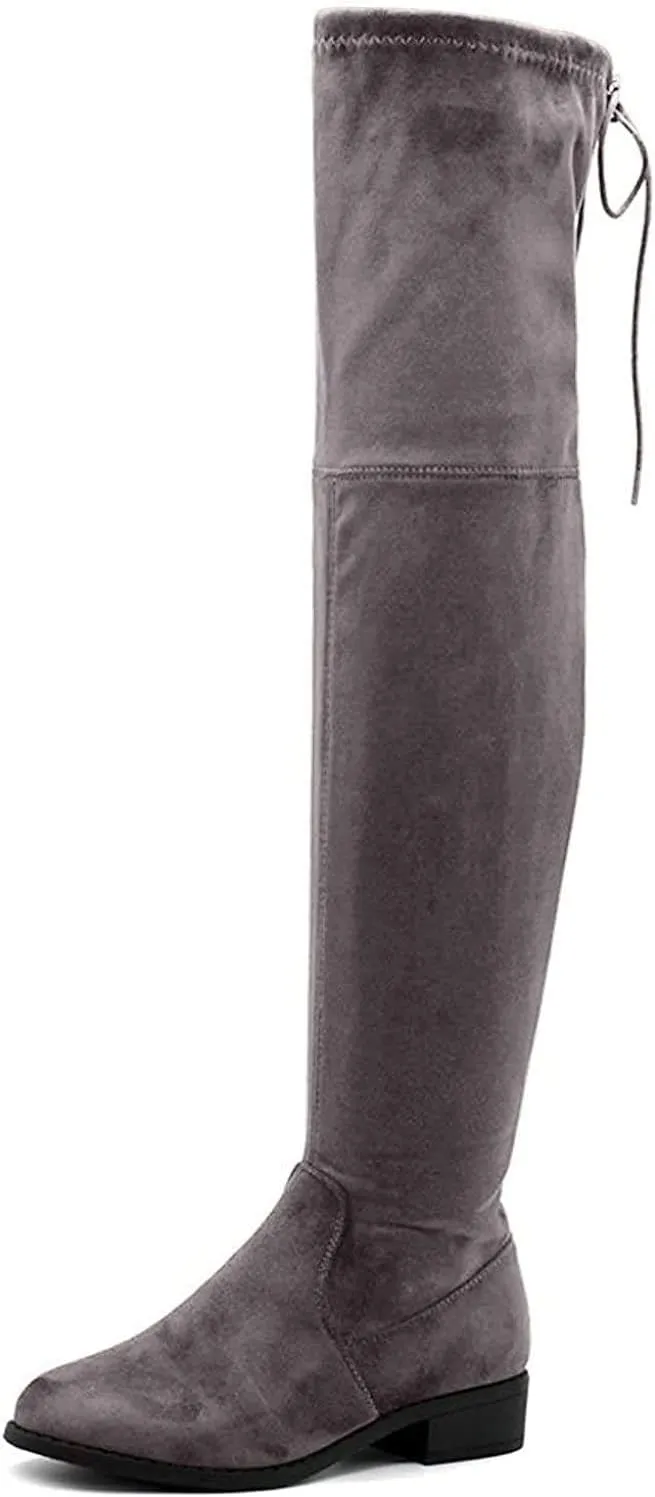 Premier Standard - Women's Fashion Comfy Vegan Suede Block Heel Side Zipper Back Lace Thigh High Over the Knee Boots, TPS Olympia-14 Grey Size 8.5