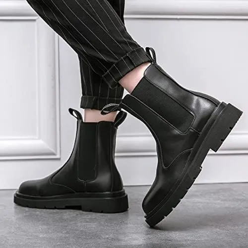 Round Toe Ankle Boots for Men Elastic Bandage PU Waterproof Non Slip Anti-Slip Work Dress