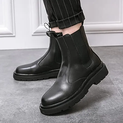 Round Toe Ankle Boots for Men Elastic Bandage PU Waterproof Non Slip Anti-Slip Work Dress
