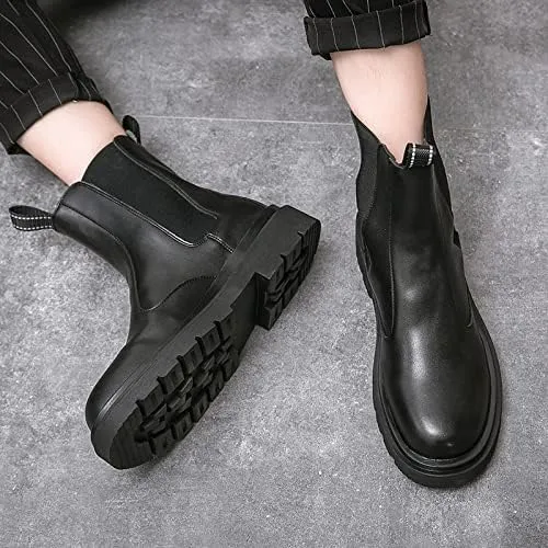Round Toe Ankle Boots for Men Elastic Bandage PU Waterproof Non Slip Anti-Slip Work Dress