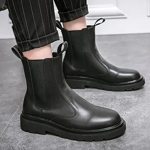 Round Toe Ankle Boots for Men Elastic Bandage PU Waterproof Non Slip Anti-Slip Work Dress