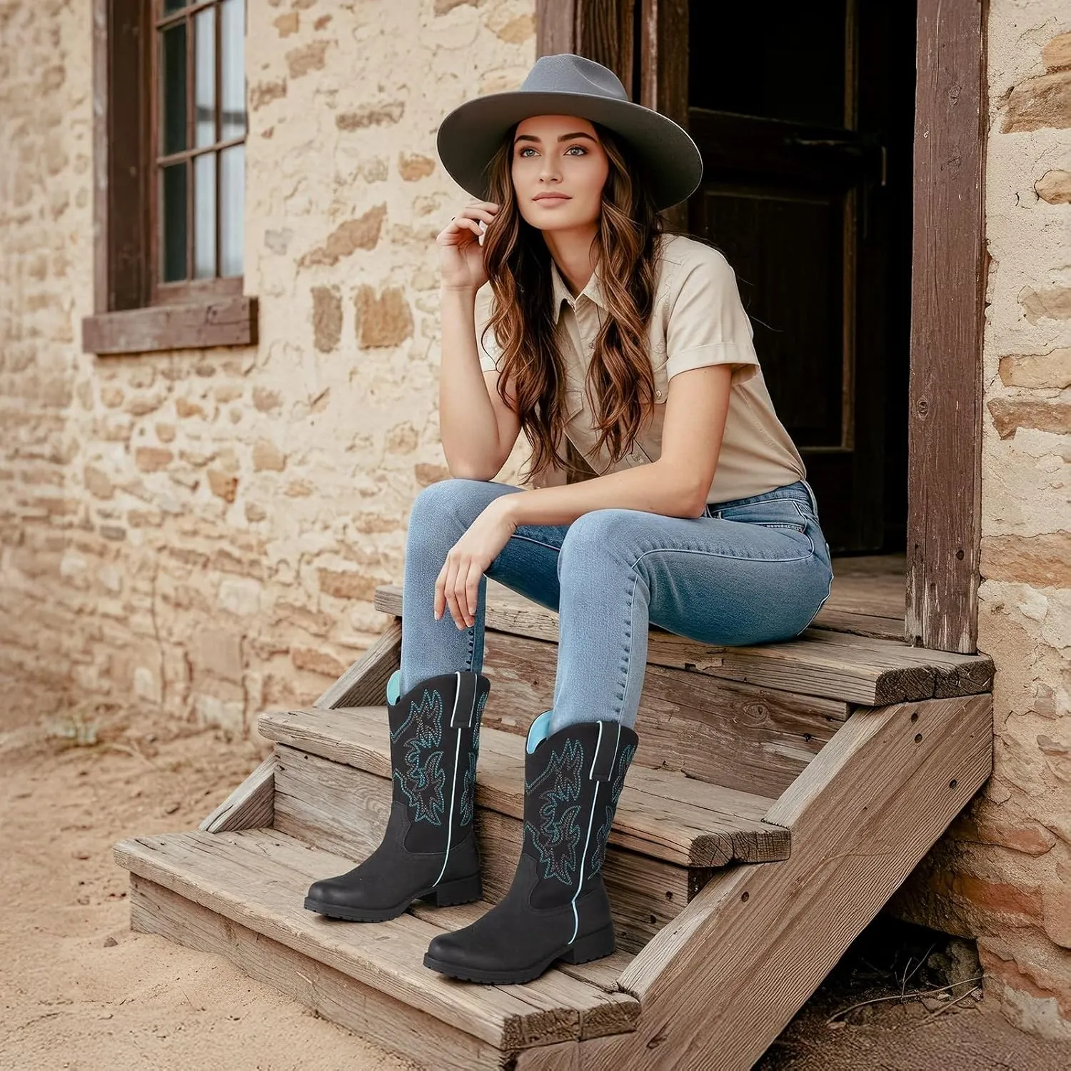 SheSole Women's Cowboy Cowgirl Boots Mid Calf Western Country Riding Work Boots