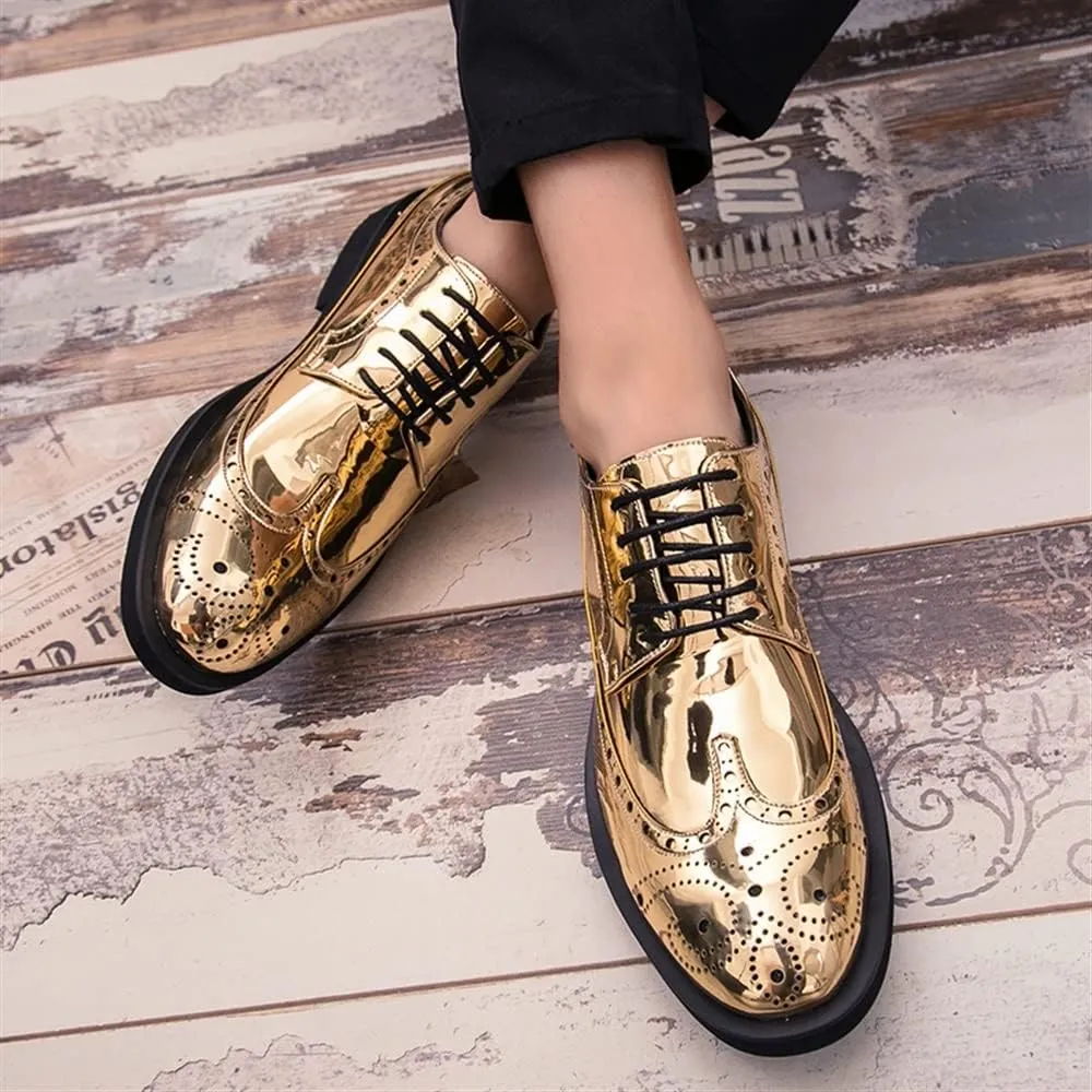 Shoes Dress Oxford for Men Lace Up Brogue Embossed Wing tip Shiny Derby Shoes Vegan Leather Block Heel Anti-Slip Rubber Sole Classic