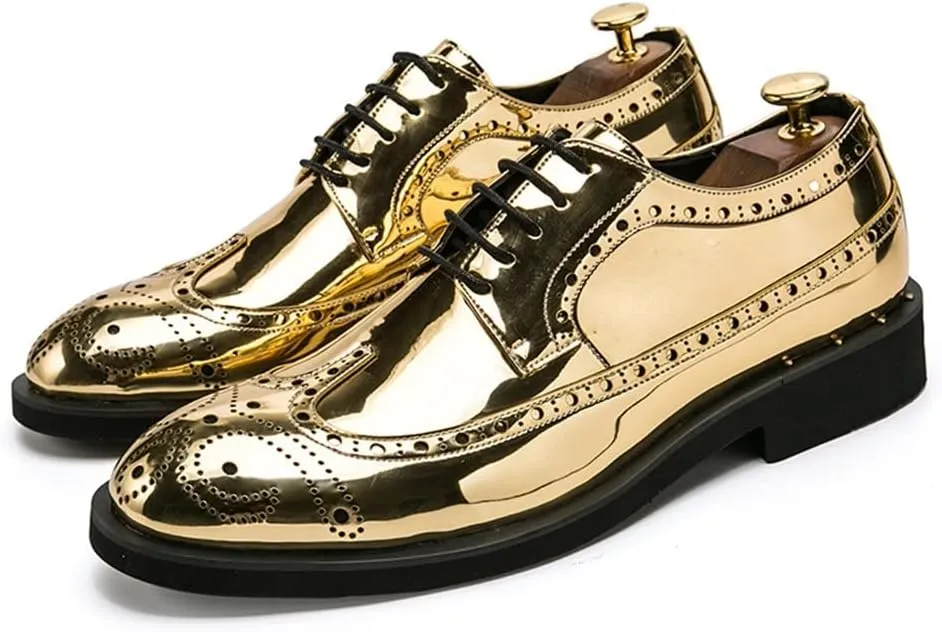 Shoes Dress Oxford for Men Lace Up Brogue Embossed Wing tip Shiny Derby Shoes Vegan Leather Block Heel Anti-Slip Rubber Sole Classic