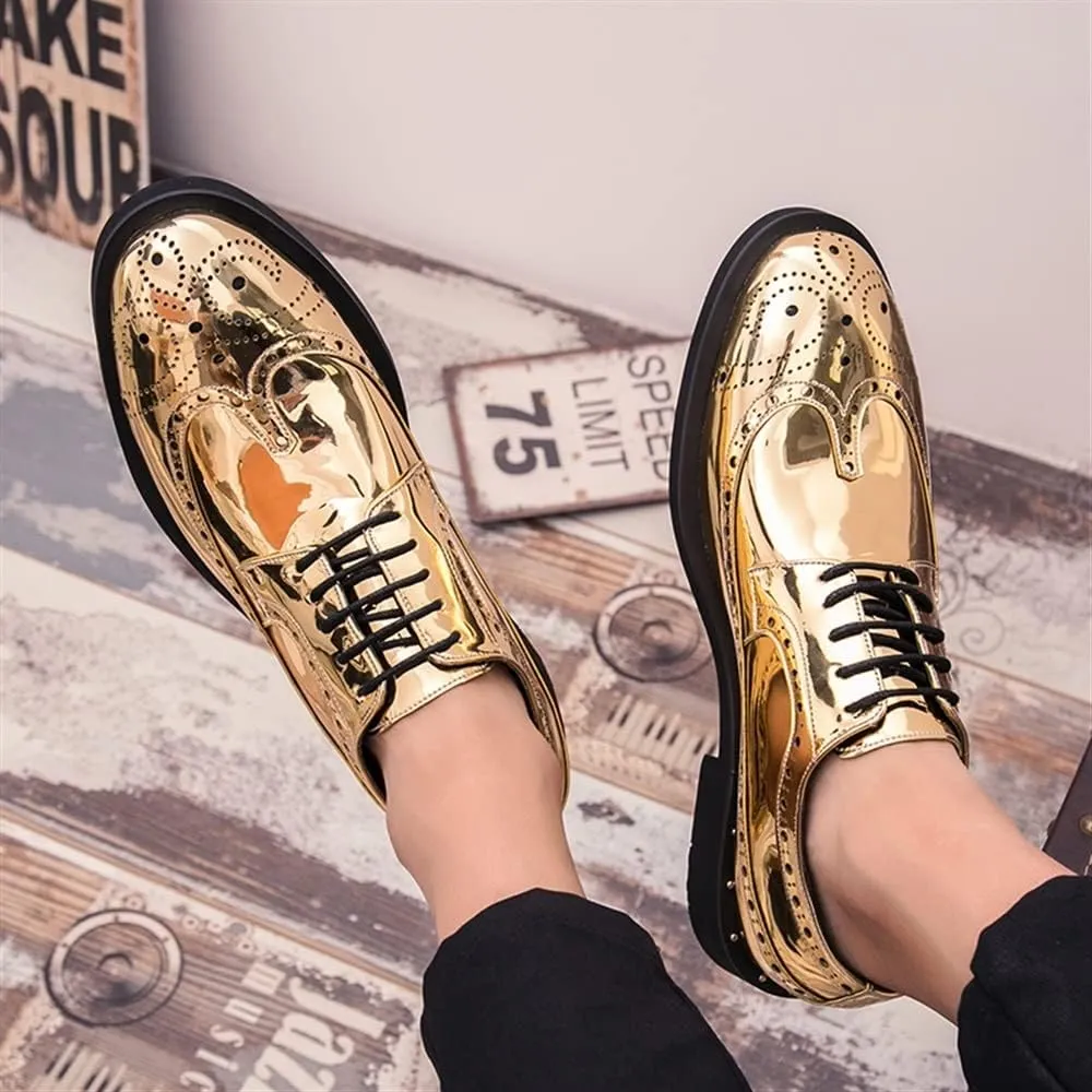 Shoes Dress Oxford for Men Lace Up Brogue Embossed Wing tip Shiny Derby Shoes Vegan Leather Block Heel Anti-Slip Rubber Sole Classic