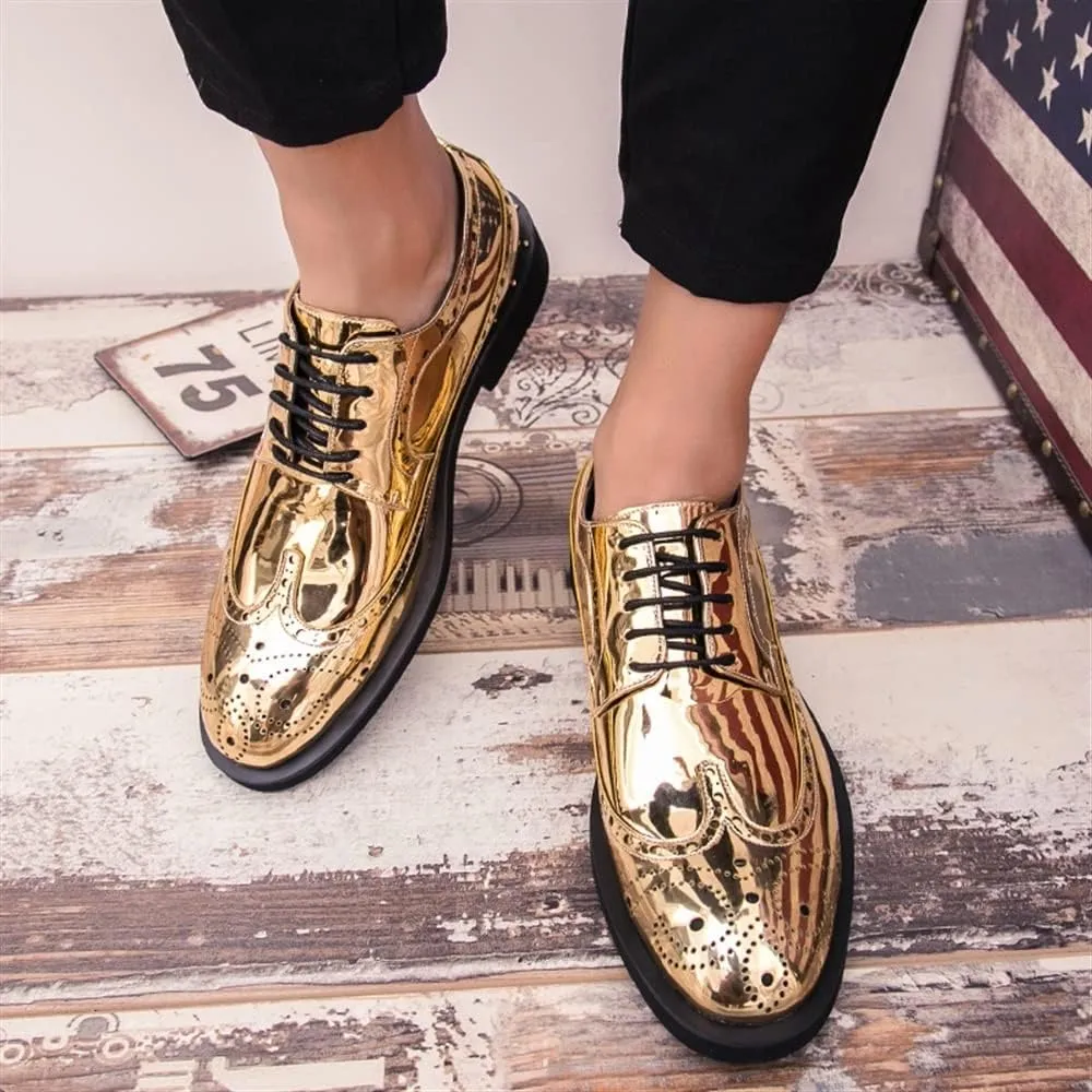 Shoes Dress Oxford for Men Lace Up Brogue Embossed Wing tip Shiny Derby Shoes Vegan Leather Block Heel Anti-Slip Rubber Sole Classic