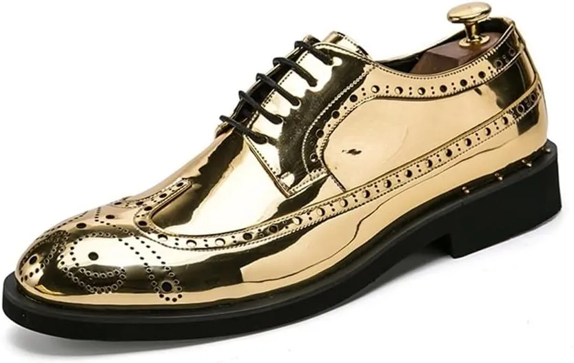 Shoes Dress Oxford for Men Lace Up Brogue Embossed Wing tip Shiny Derby Shoes Vegan Leather Block Heel Anti-Slip Rubber Sole Classic