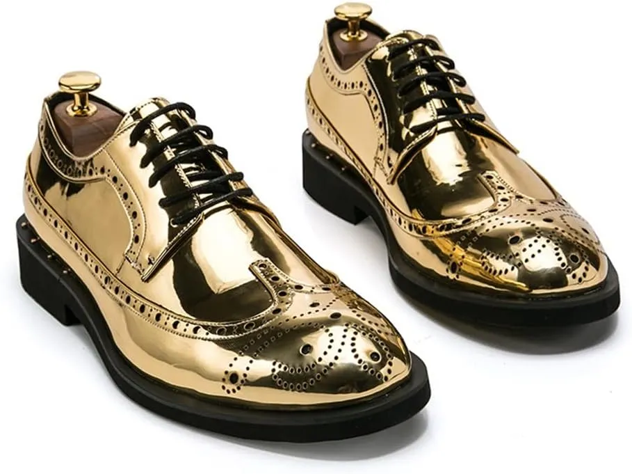 Shoes Dress Oxford for Men Lace Up Brogue Embossed Wing tip Shiny Derby Shoes Vegan Leather Block Heel Anti-Slip Rubber Sole Classic