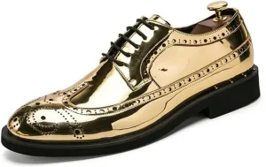 Shoes Dress Oxford for Men Lace Up Brogue Embossed Wing tip Shiny Derby Shoes Vegan Leather Block Heel Anti-Slip Rubber Sole Classic