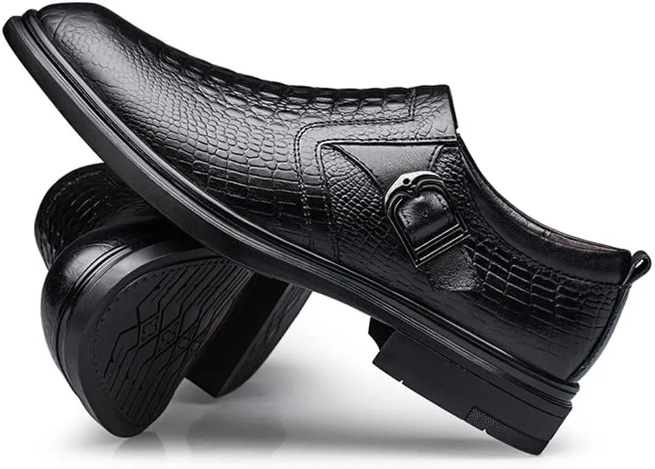 Shoes Dress Oxford for Men Slip On Round Toe Monk Strap Crocodile Embossed Vegan Leather Low Top Block Heel Anti-Slip Outdoor