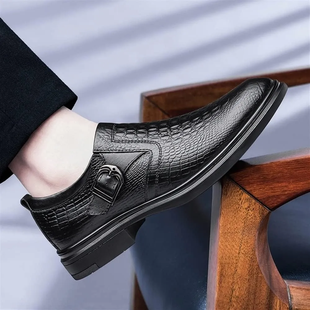Shoes Dress Oxford for Men Slip On Round Toe Monk Strap Crocodile Embossed Vegan Leather Low Top Block Heel Anti-Slip Outdoor