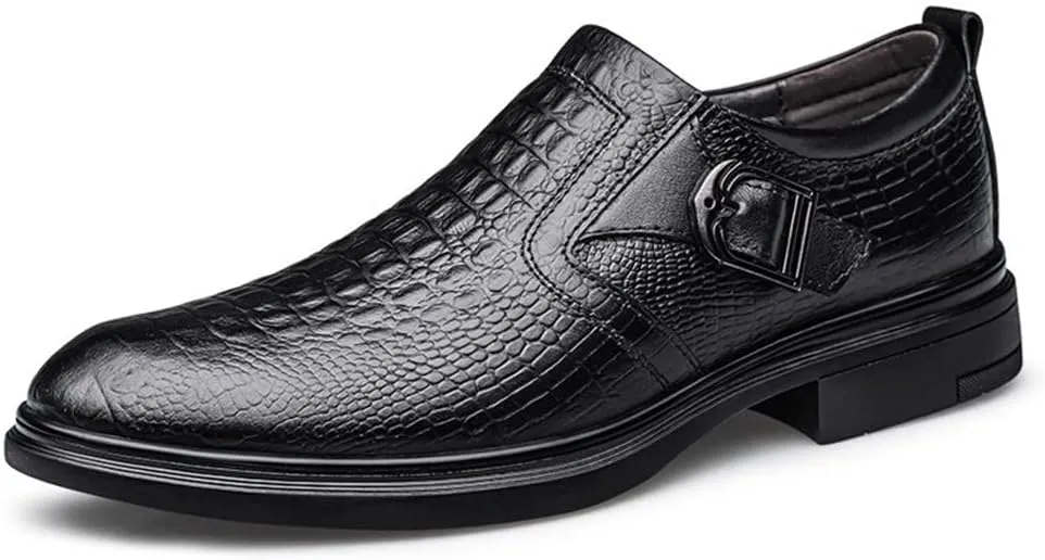 Shoes Dress Oxford for Men Slip On Round Toe Monk Strap Crocodile Embossed Vegan Leather Low Top Block Heel Anti-Slip Outdoor