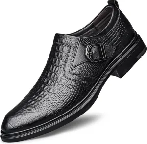 Shoes Dress Oxford for Men Slip On Round Toe Monk Strap Crocodile Embossed Vegan Leather Low Top Block Heel Anti-Slip Outdoor