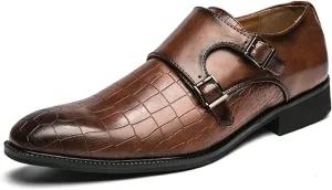 Single Season Dress Oxford for Men Slip On Burnished Toe Monk Strap Vegan Leather Rubber Sole Slip Resistant Low Top Anti-Slip Block Heel Outdoor Very Popular Among Young People (Color : Brown