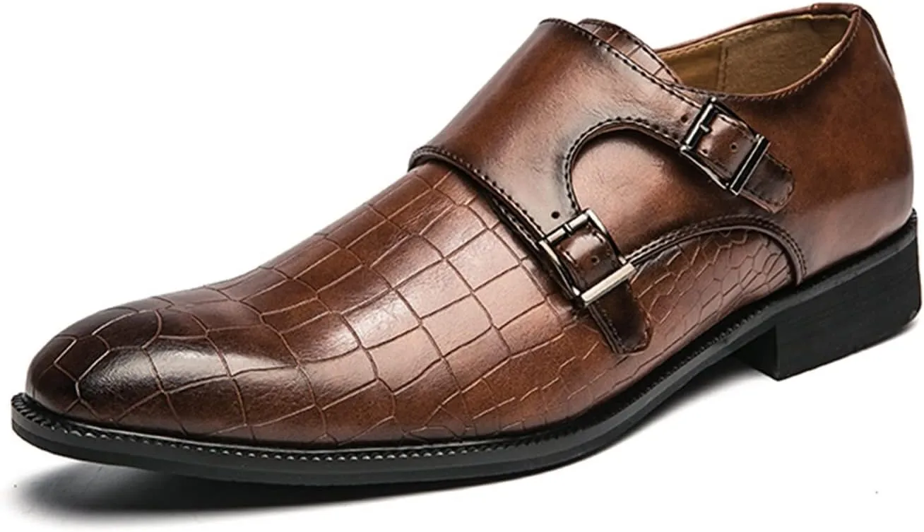 Single Season Dress Oxford for Men Slip On Burnished Toe Monk Strap Vegan Leather Rubber Sole Slip Resistant Low Top Anti-Slip Block Heel Outdoor Very Popular Among Young People (Color : Brown