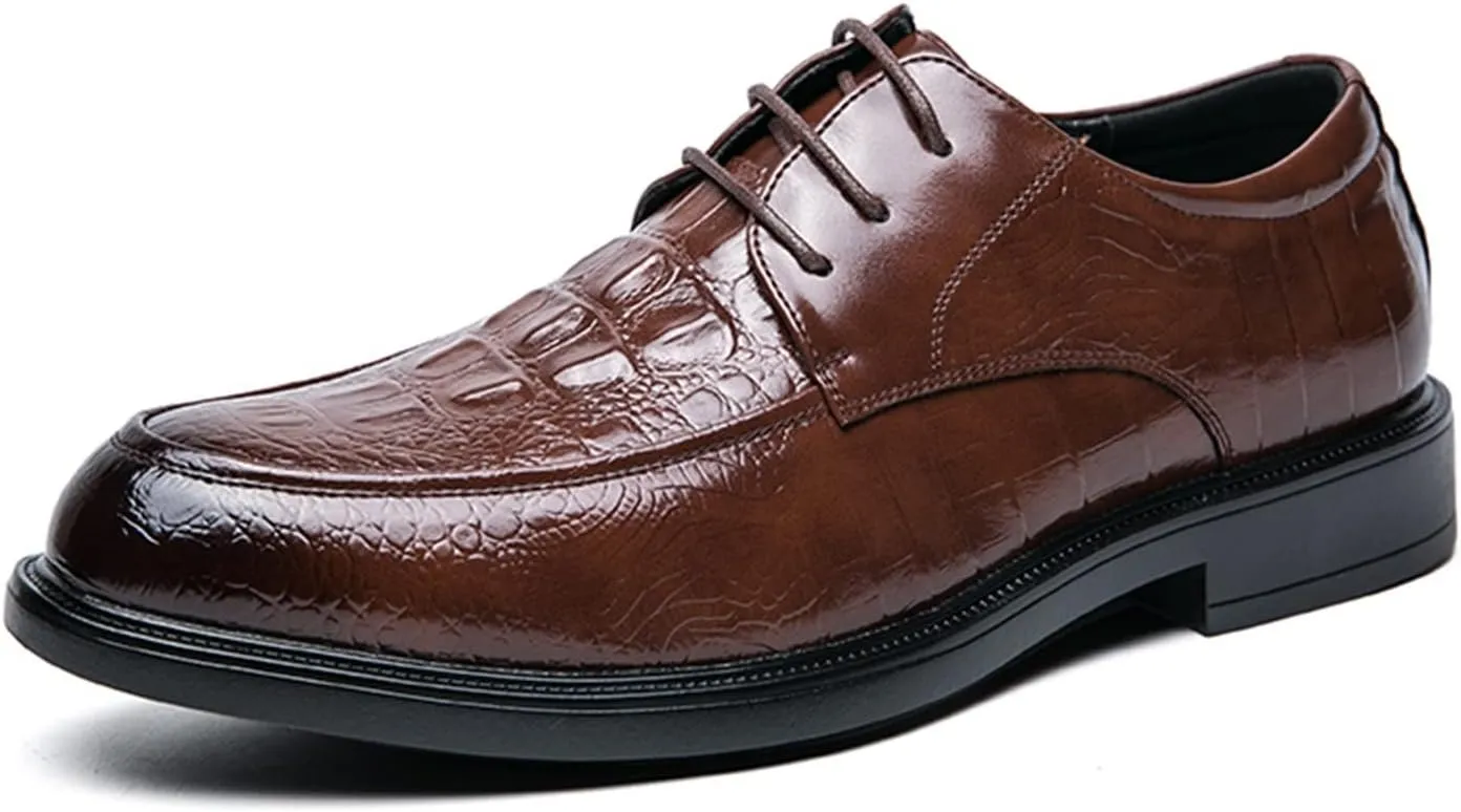 Single Season Dress Shoes for Men Lace Up Round Burnished Toe Crocodile Derby Shoes Vegan Leather Slip Resistant Low Top Anti-Slip Wedding Very Popular Among Young People (Color : Brown