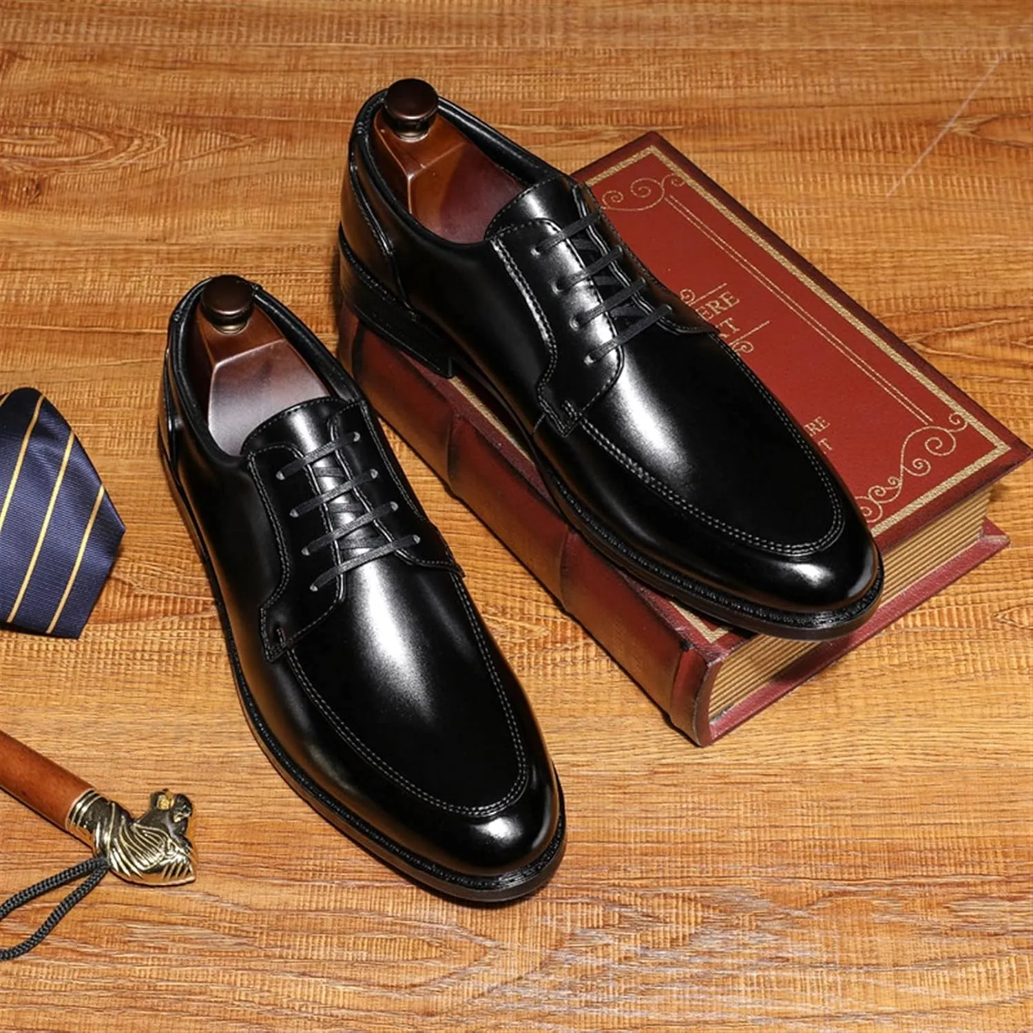 Single Season Formal Oxford Shoes for Men Lace Up Apron Toe Black Burnished Toe Vegan Leather Rubber Sole Slip Resistant Low Top Party Very Popular Among Young People